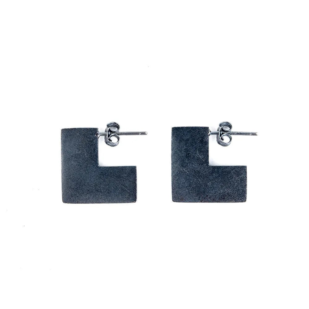 Sterling silver square earrings with oxidised black finish, geometric 16mm studs