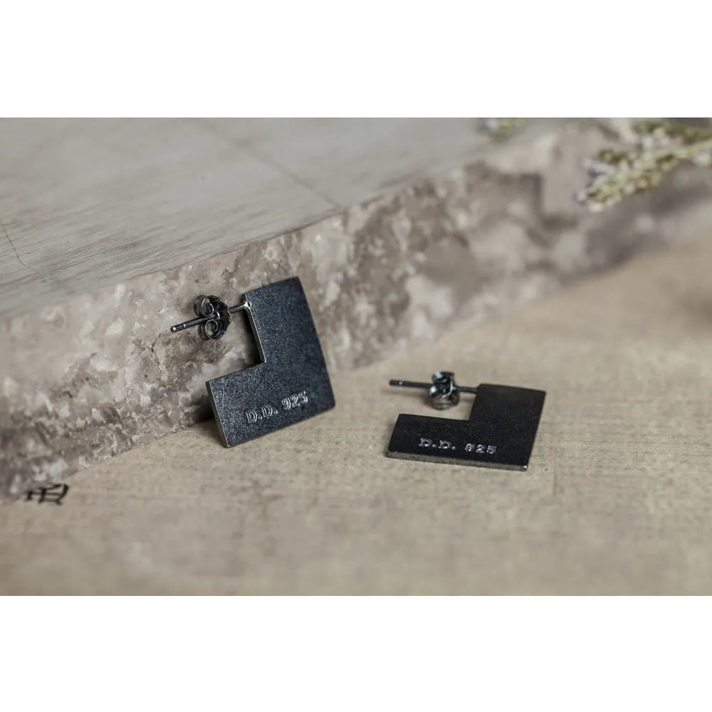 Sterling silver square earrings with oxidised black finish, geometric 16mm studs