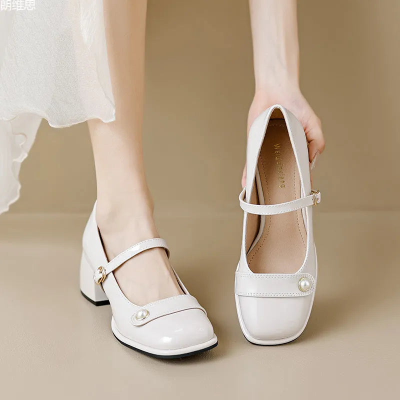 French style women's patent leather ankle boots with chunky block heel and buckle closure