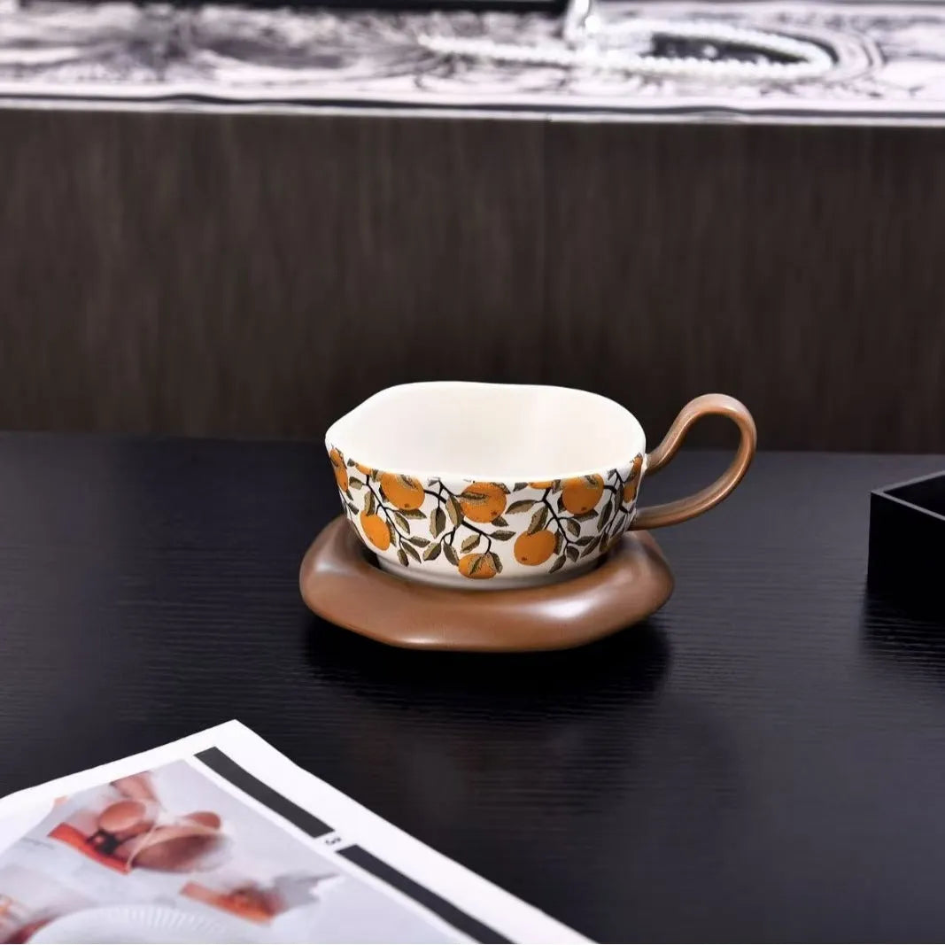 Antique style ceramic coffee cup and saucer set in black or orange colour with 210ml capacity