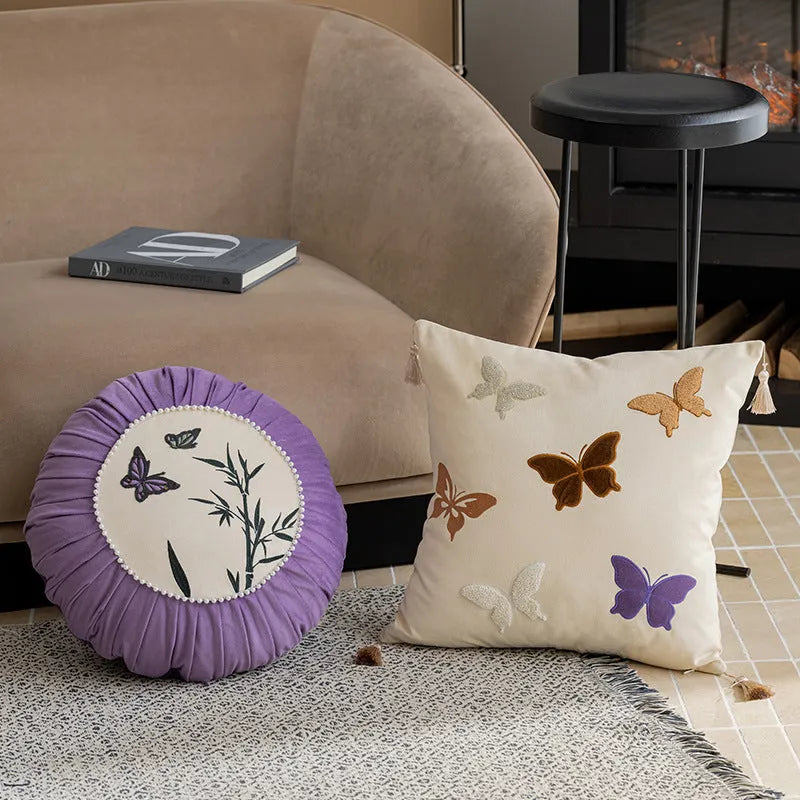 Square beige cushion with black Chinese-style butterfly embroidery, 45x45cm