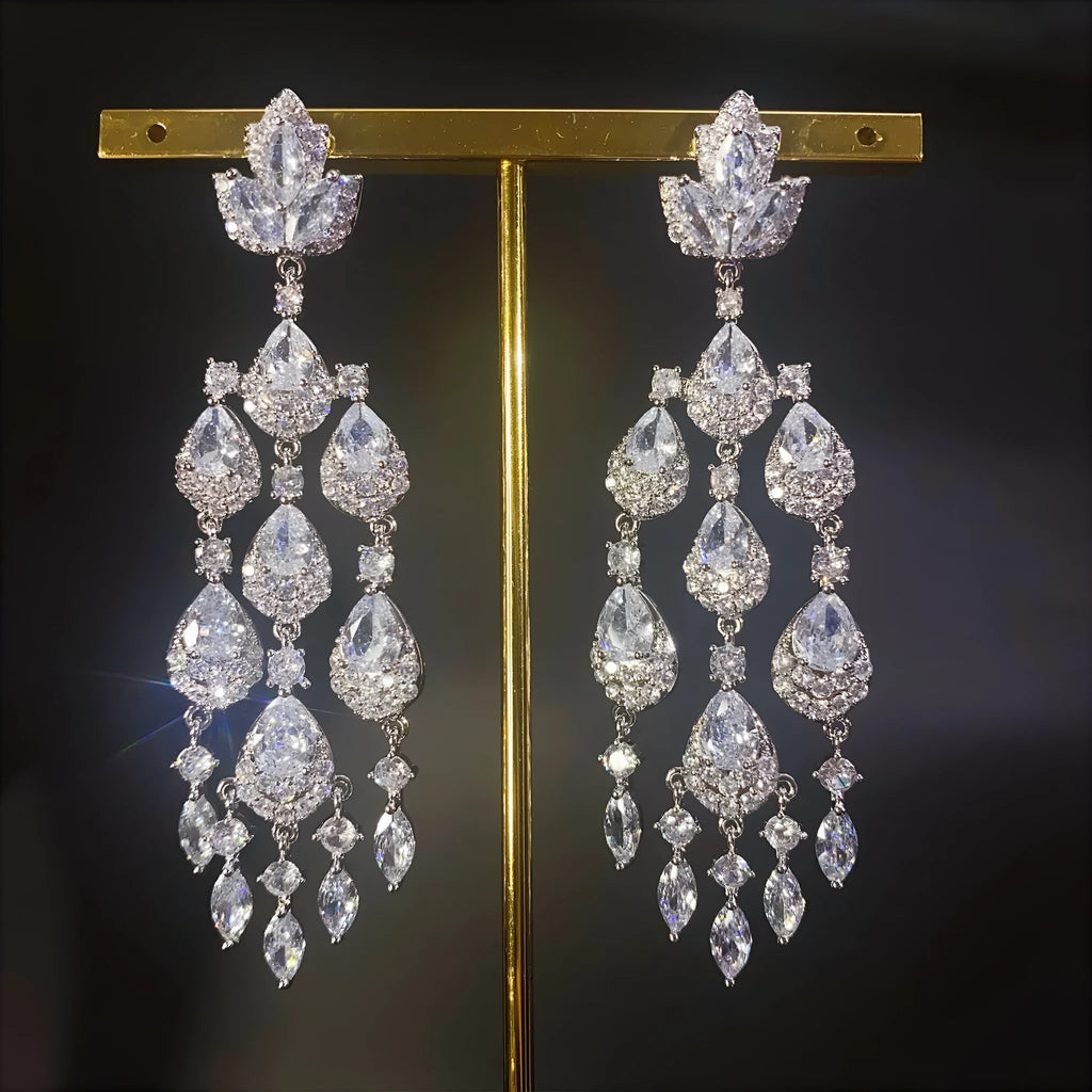 Long water drop tassel earrings for women, alloy with decorative zircon, natural flower and leaf design, available in multiple colours