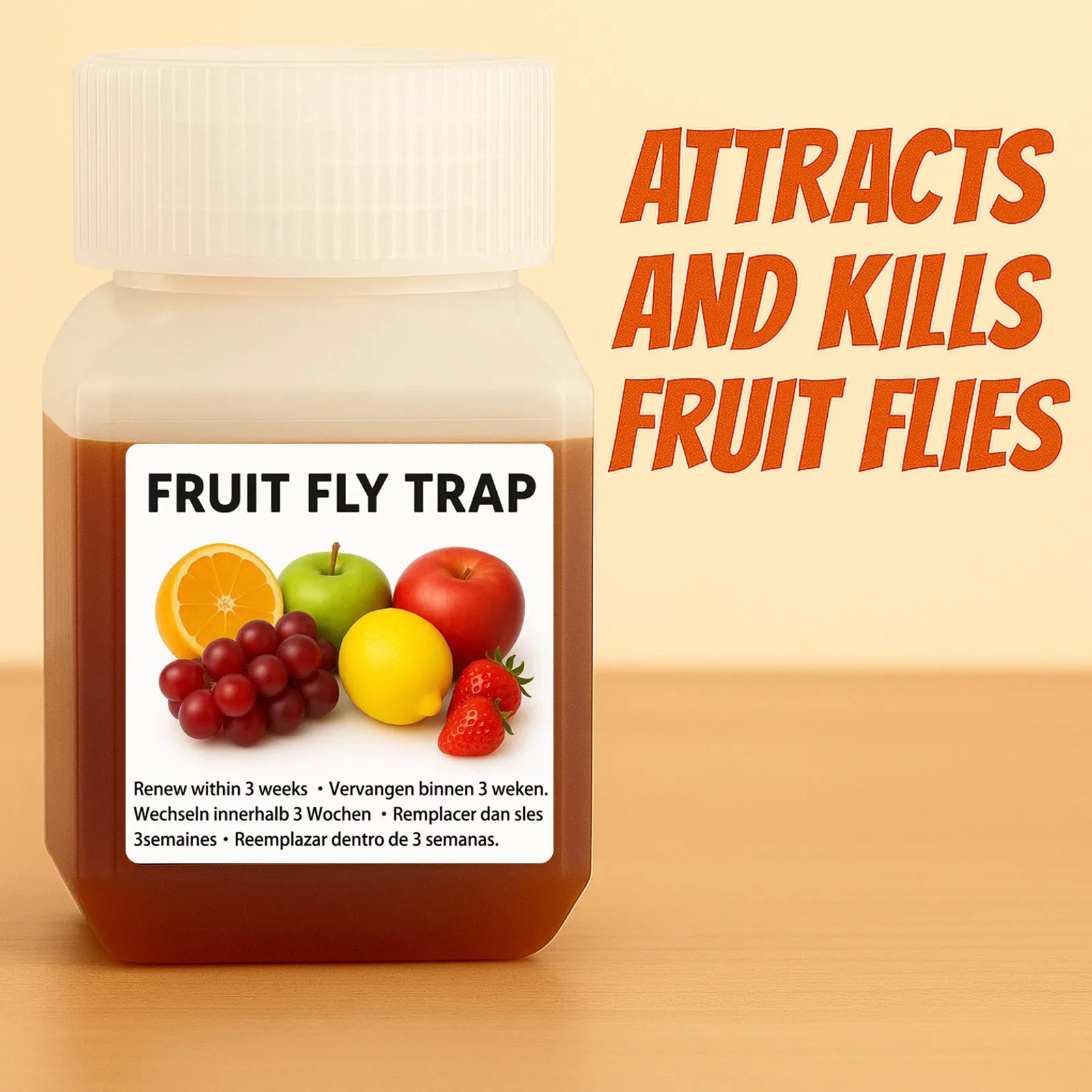 Bottle of SK003 fruit fly trap bait liquid with optional funnel for indoor pest control.