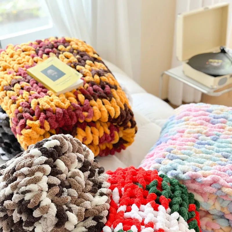 Hand-made chenille cover blanket with striped pattern from thick ice bar section dyeing, 130x170cm