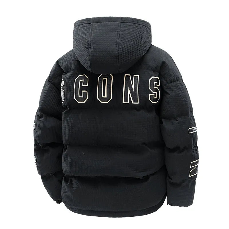 Men's black cotton-padded hooded coat with letter print design and side pockets in Korean style cardigan fit