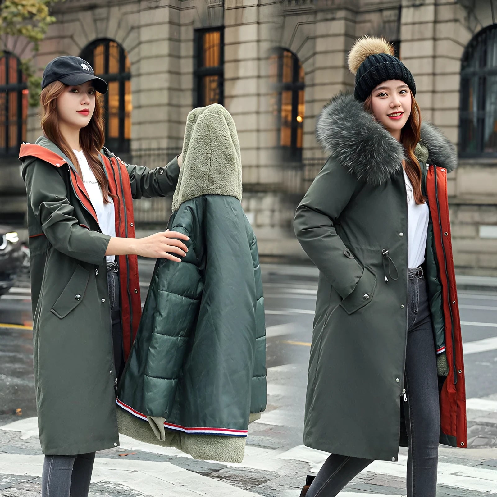 Women's long elegant trench coat in bean green with fleece lining and extended length
