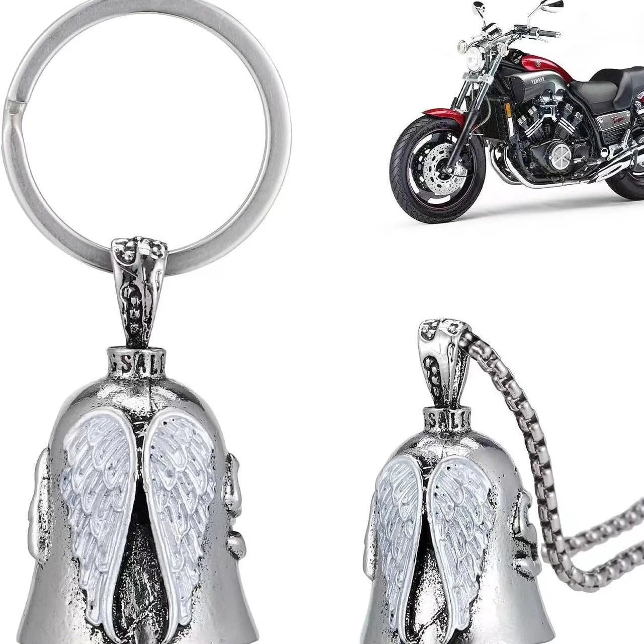 Vintage-style white angel feather design alloy necklace and keychain set.