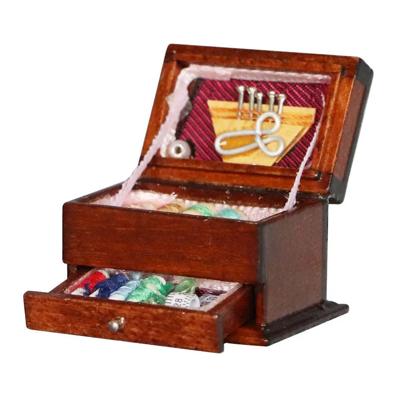 Miniature wooden sewing machine ornament with European-style design on display