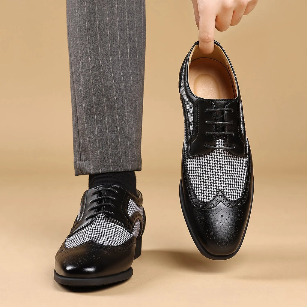 Men's casual plaid shoes in houndstooth pattern with square toe and lace-up front, shown in multiple colours.