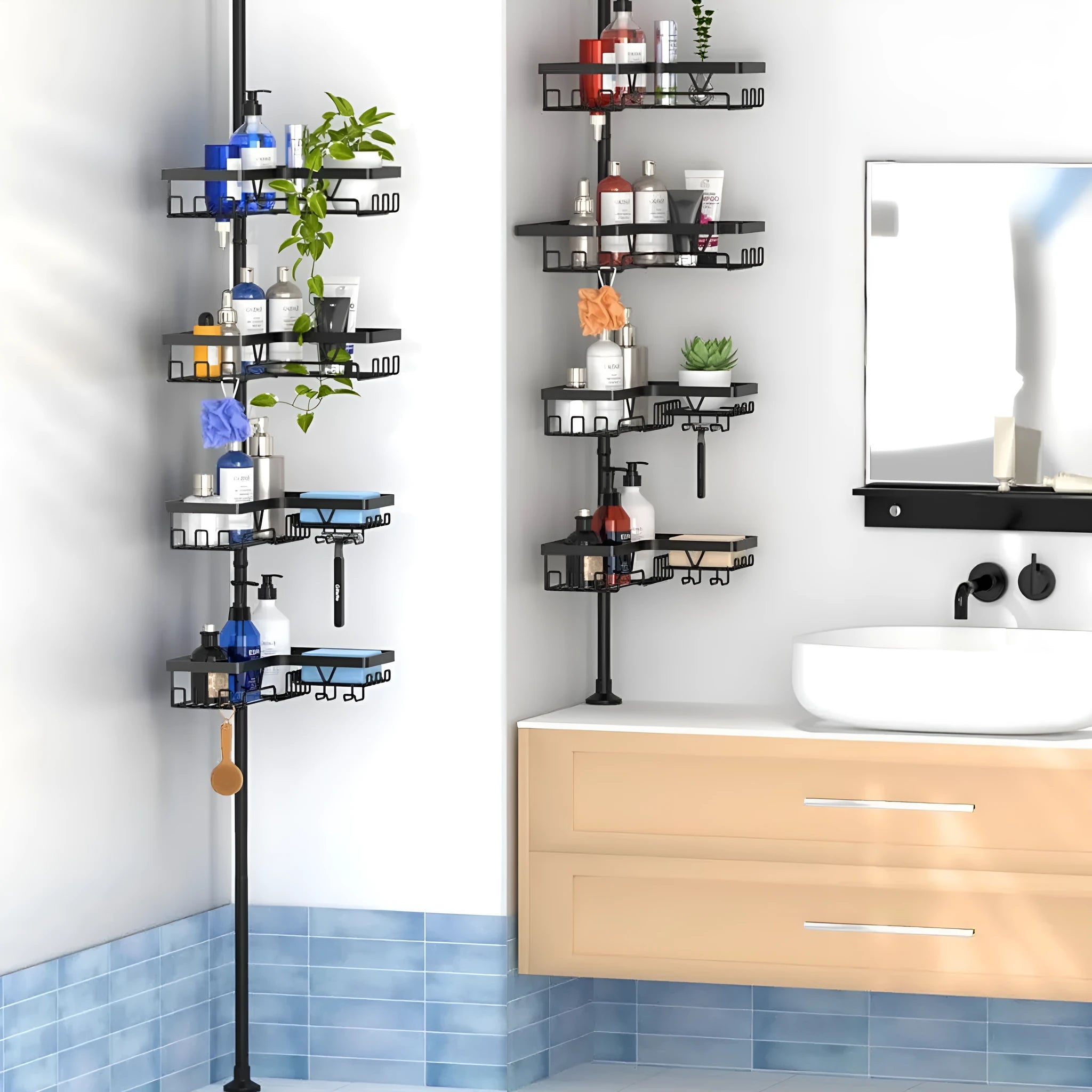 Modern stainless steel bathroom storage rack with four retractable shelves and hole-free design