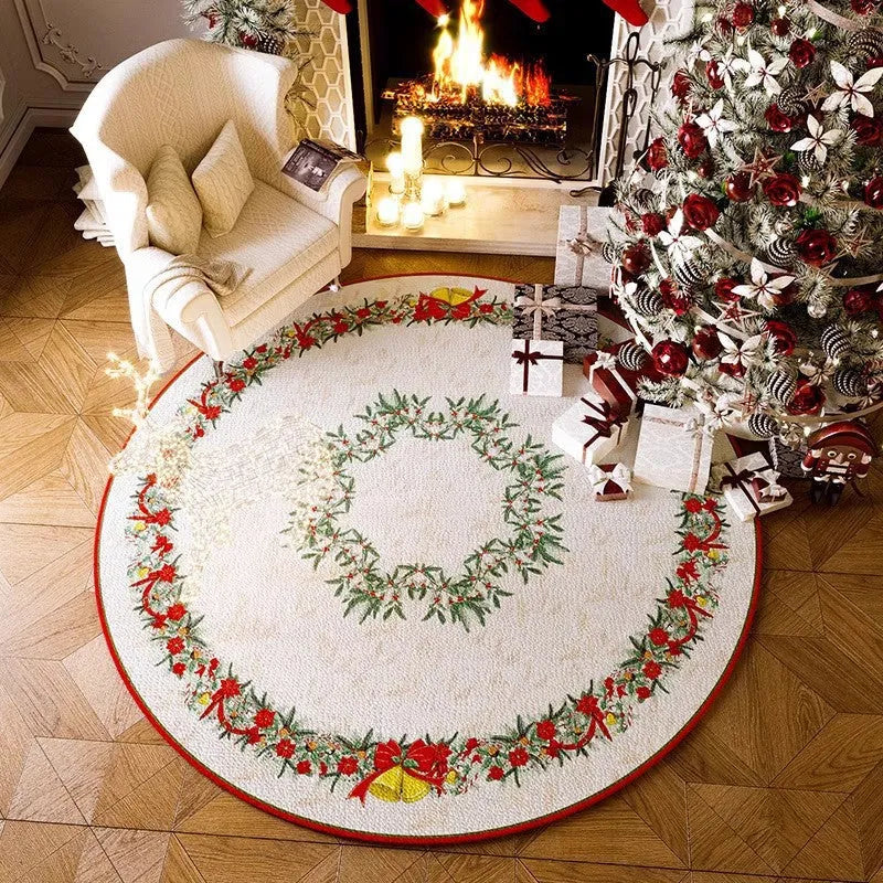 Red round Christmas floor mat with festive patterns on living room floor