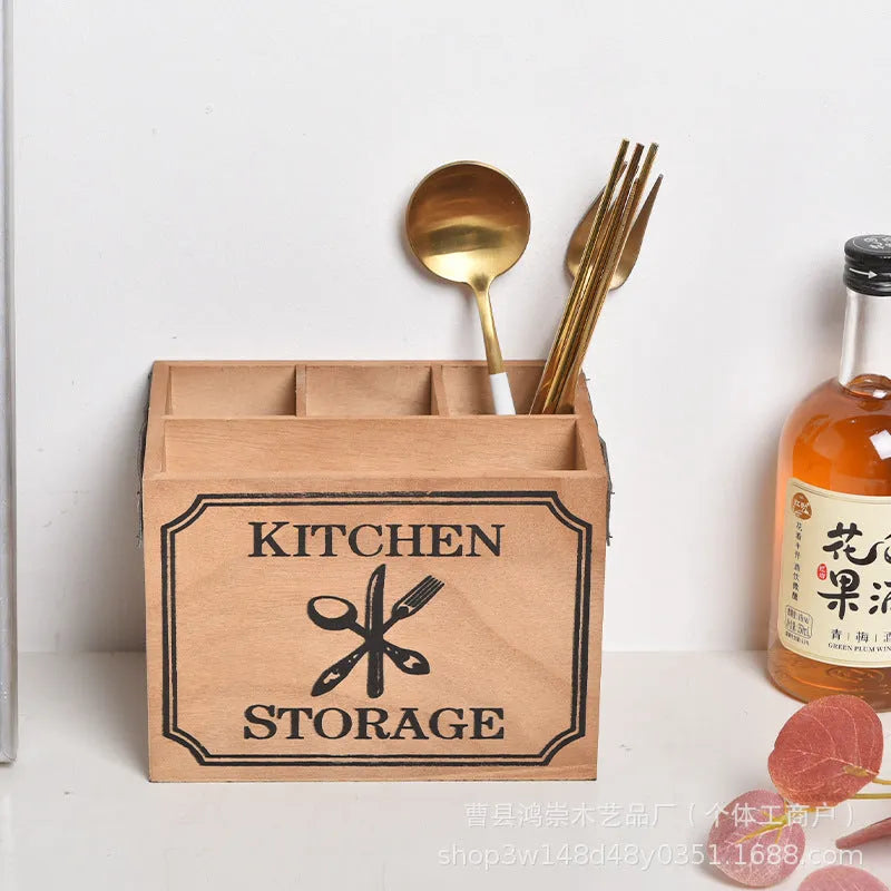 Wooden kitchen storage box with internal dividers for organising knives, forks and chopsticks