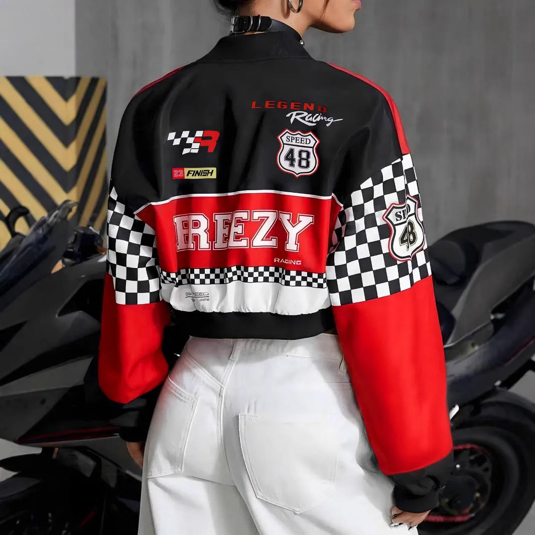 Women's loose fit zip-up jacket with geometric pattern in blue colour option showing front view