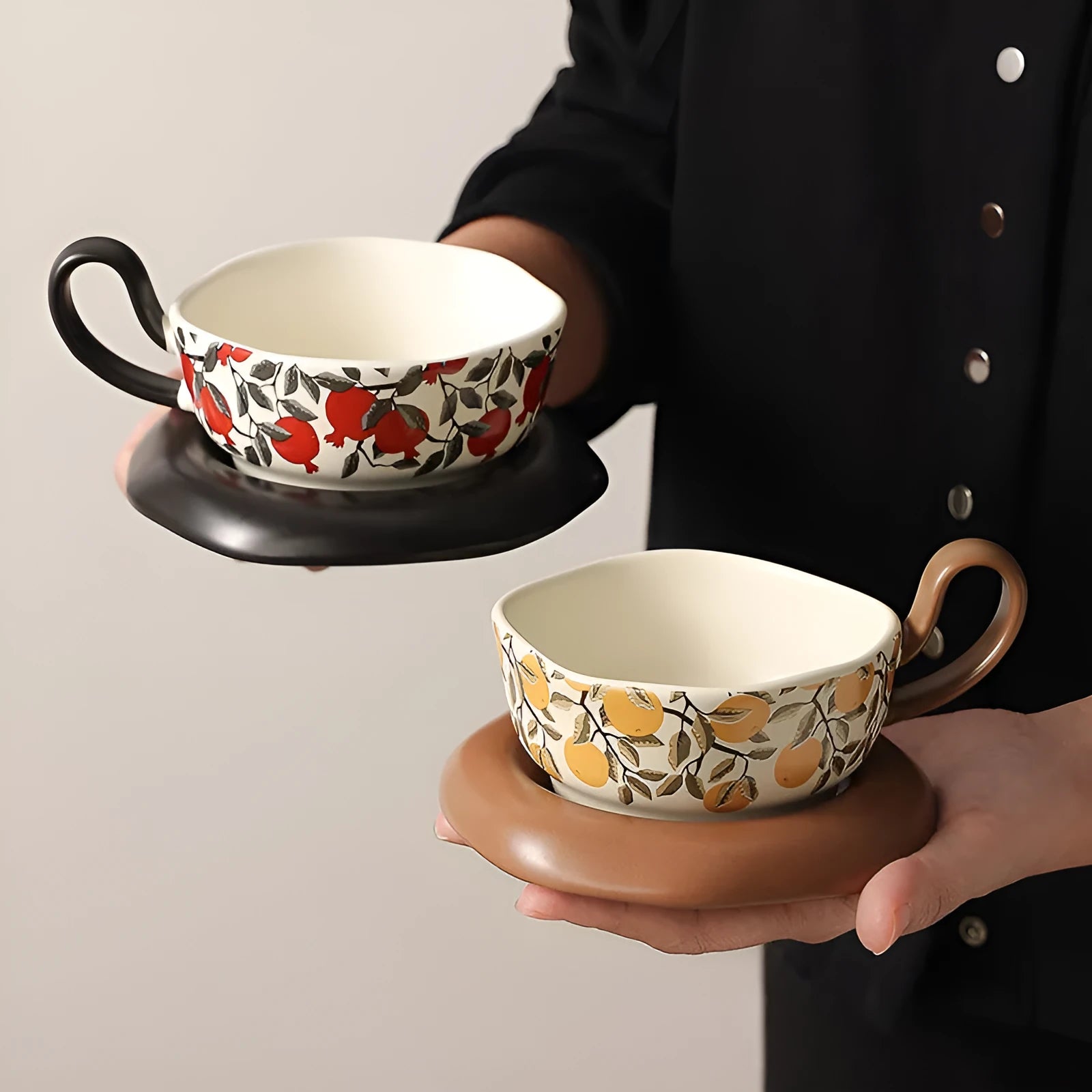 Antique style ceramic coffee cup and saucer set in black or orange colour with 210ml capacity