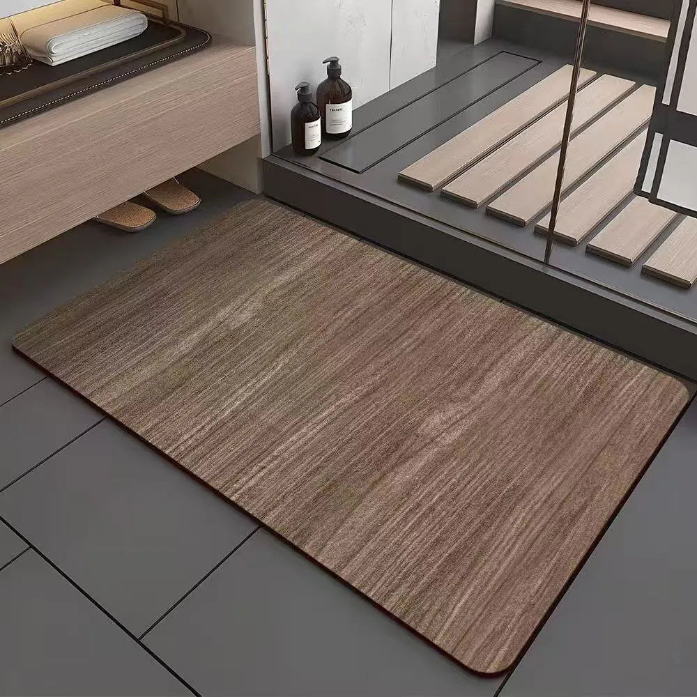 Square American wood grain diatom mud bathroom floor mat with geometric pattern on tile.