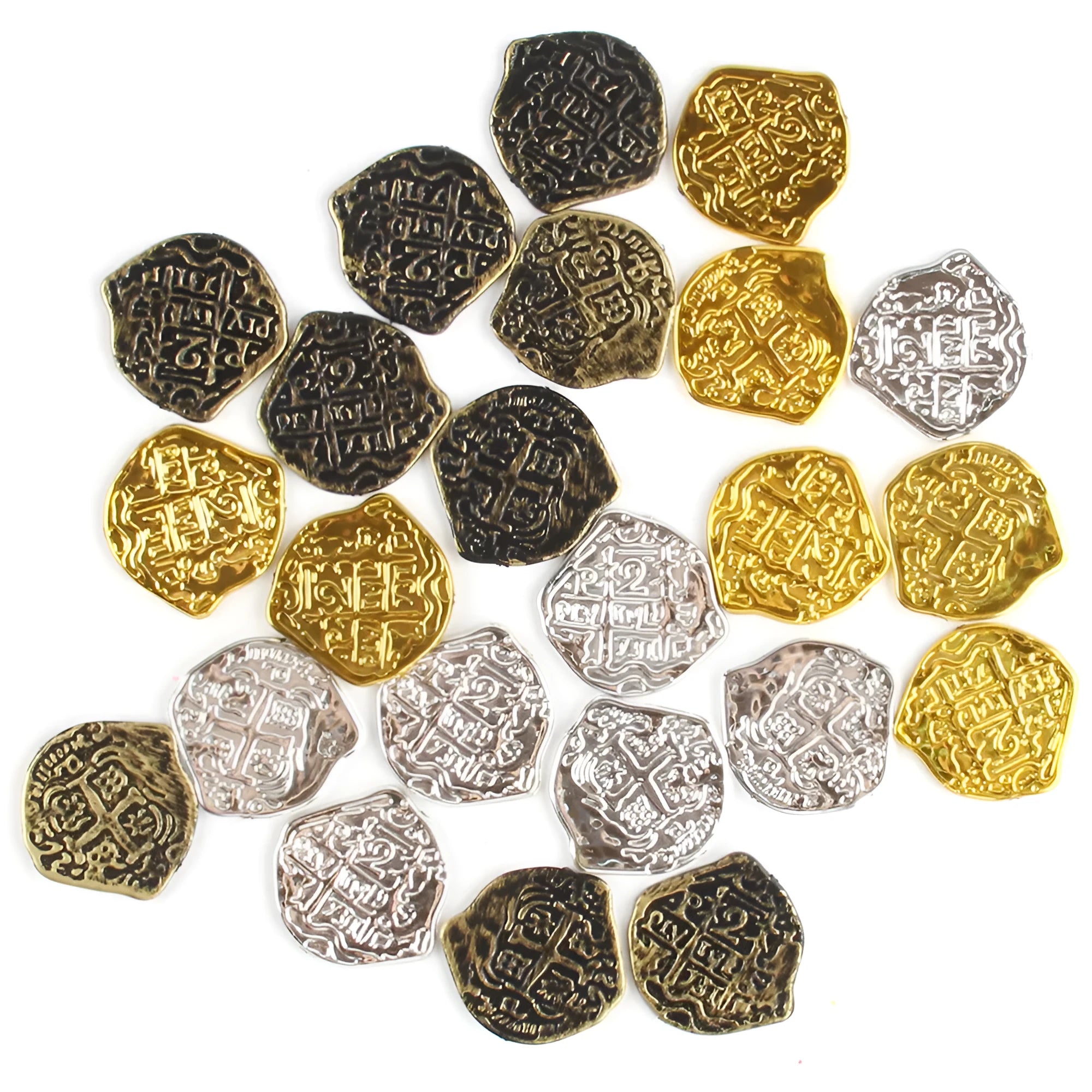 Set of 100 plastic replica Roman coins with electroplated gold, silver, or bronze finish.