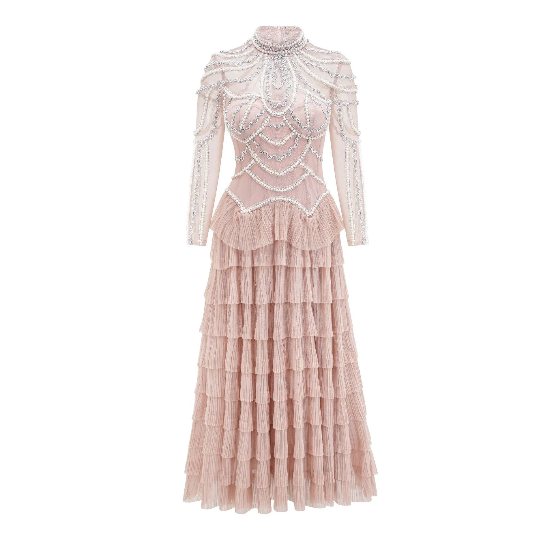 Women's black polyester beaded dress with long sleeves and three-dimensional decoration