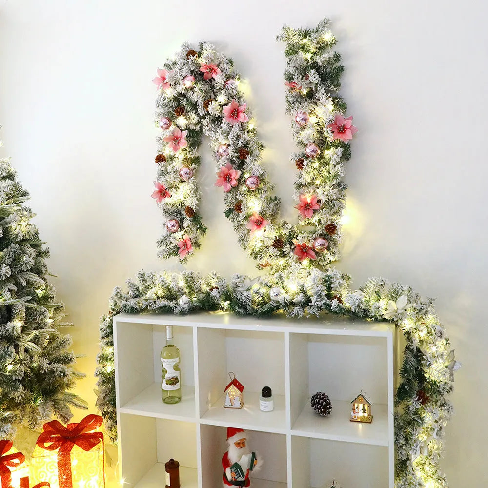 American-style flocked rattan Christmas garland in red, draped over a mantelpiece.