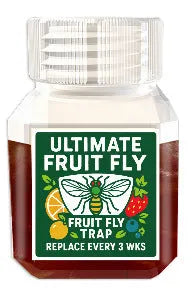 Bottle of SK003 fruit fly trap bait liquid with optional funnel for indoor pest control.