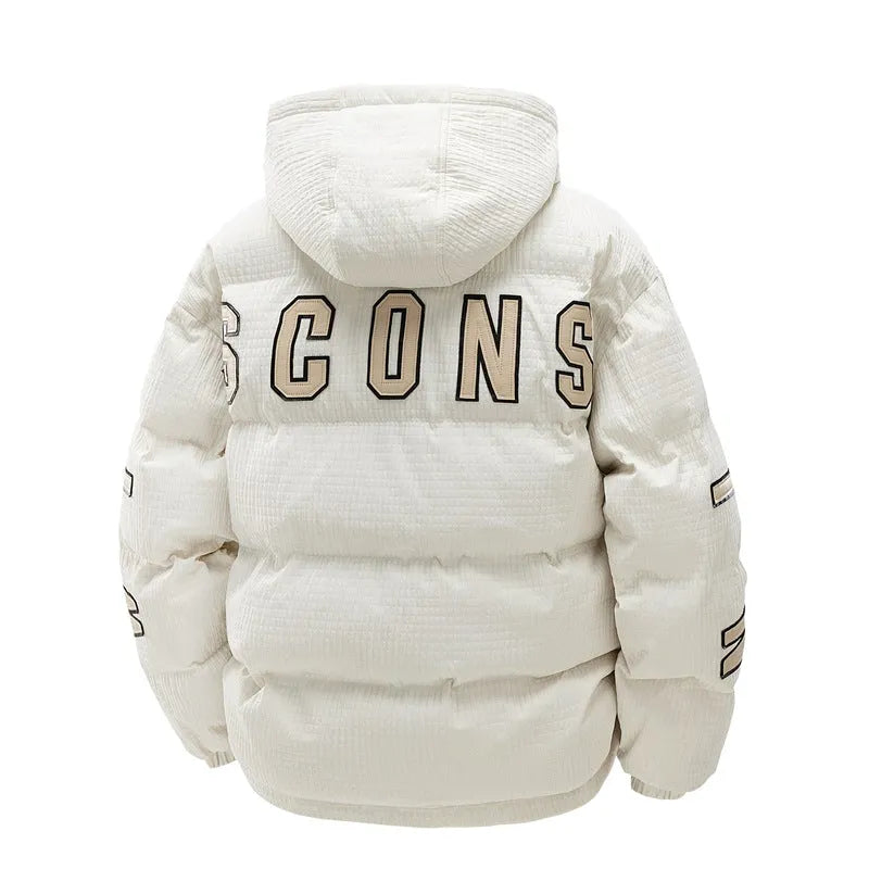 Men's black cotton-padded hooded coat with letter print design and side pockets in Korean style cardigan fit