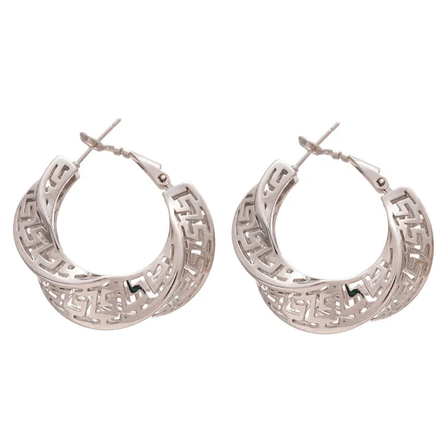 Women's geometric hollow stud earrings with twisted round design in silver or gold electroplated finish