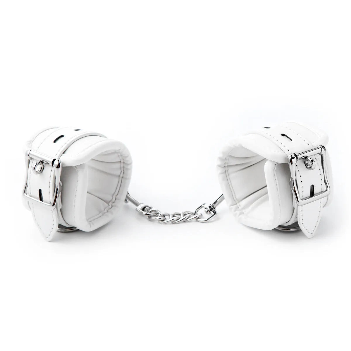 White PU sponge bondage restraint set showing handcuffs, foot cuffs, and a neck cuff.