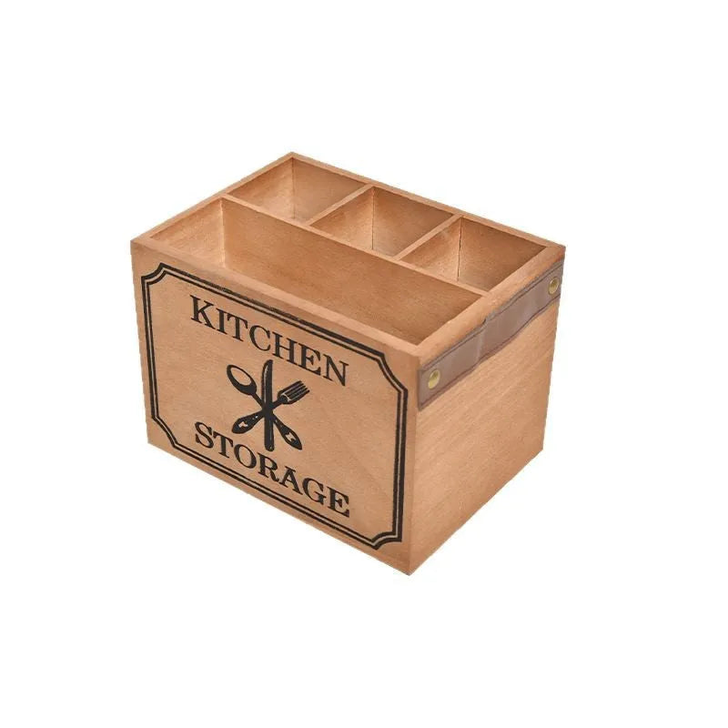 Wooden kitchen storage box with internal dividers for organising knives, forks and chopsticks