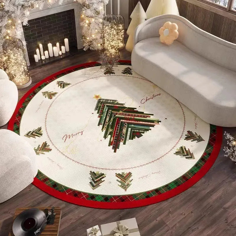 Red round Christmas floor mat with festive patterns on living room floor