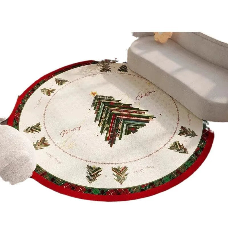 Red round Christmas floor mat with festive patterns on living room floor