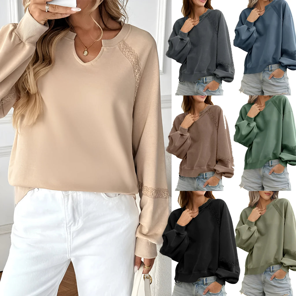 Women's half-open collar long sleeve sweater with stitching lace detailing in solid colour options