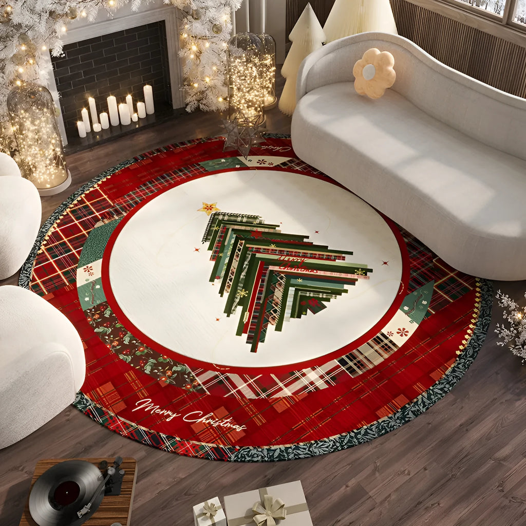 Red round Christmas floor mat with festive patterns on living room floor
