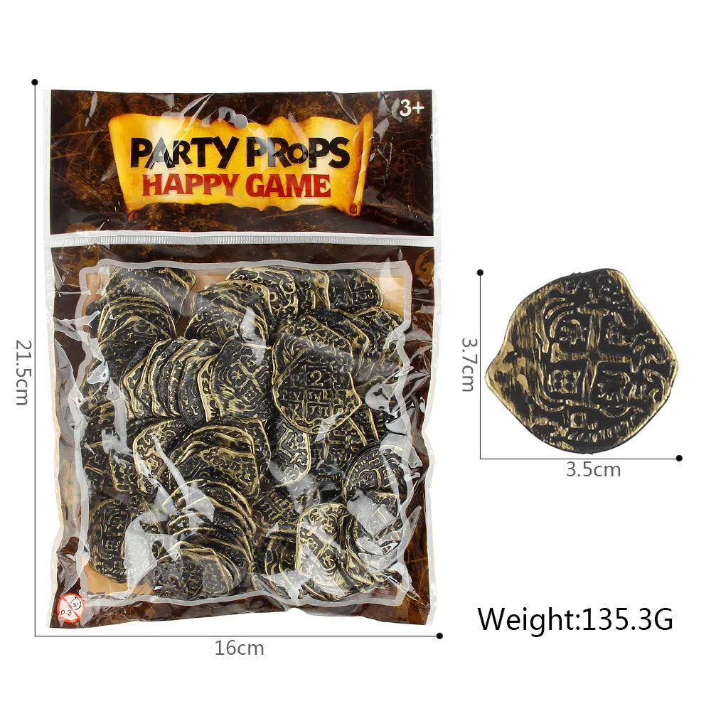 Set of 100 plastic replica Roman coins with electroplated gold, silver, or bronze finish.