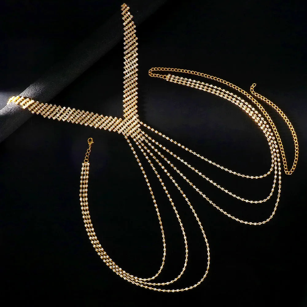 Men's multi-layer tassel rhinestone body chain in silver, alloy electroplated finish, geometric shape, 40g weight