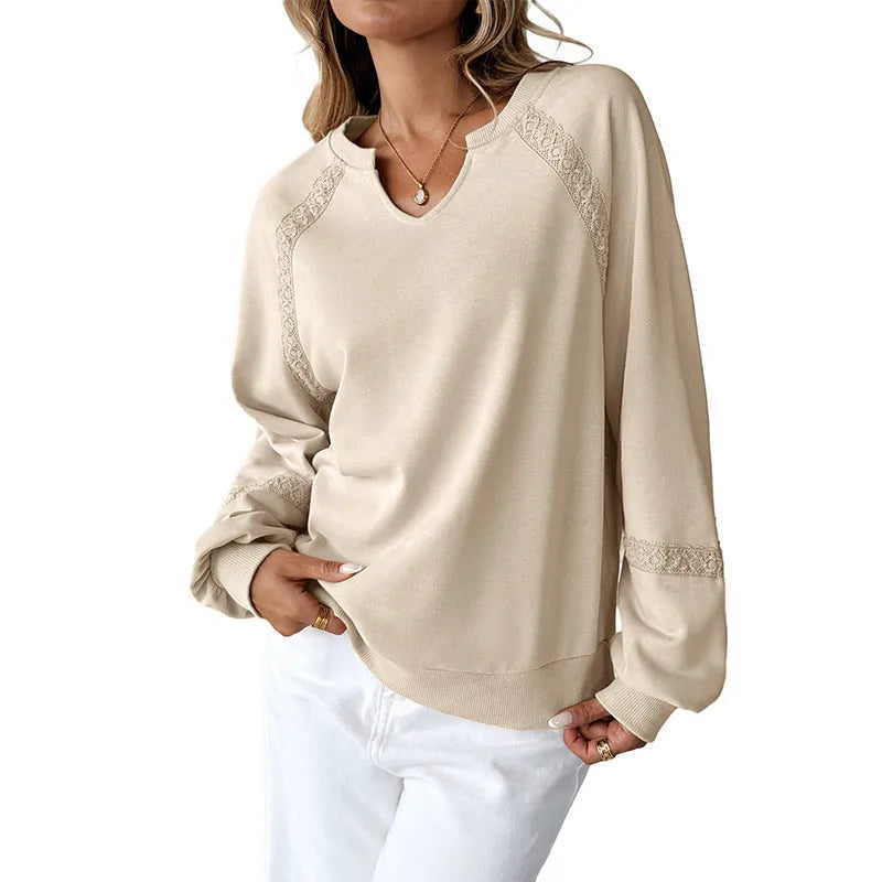 Women's half-open collar long sleeve sweater with stitching lace detailing in solid colour options