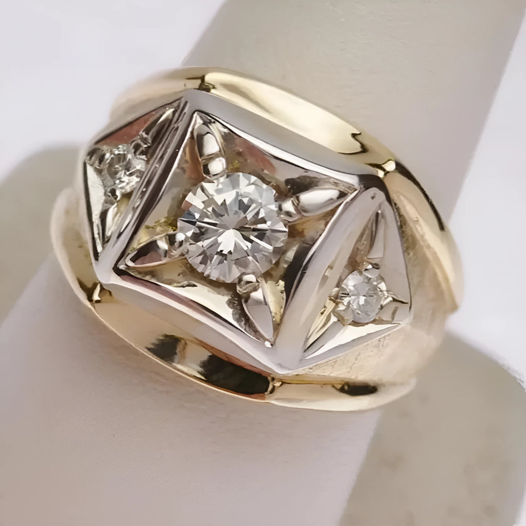 Gold-colour wide face copper couple ring with hollow geometric design and chamfering square pattern.