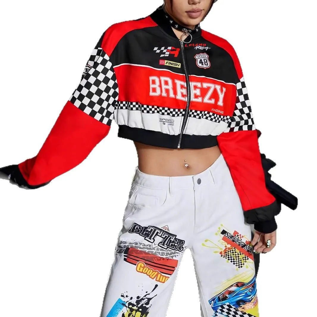 Women's loose fit zip-up jacket with geometric pattern in blue colour option showing front view