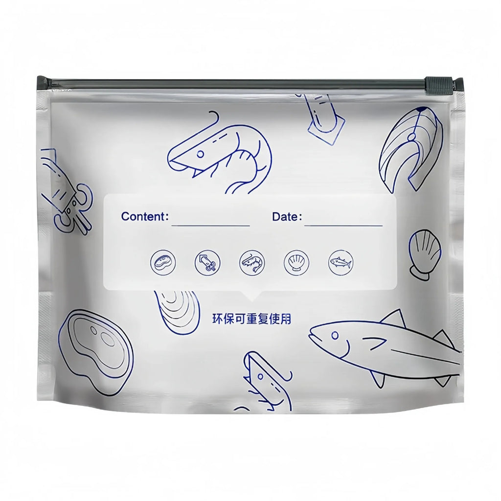 A pack of ten aluminium foil fresh-keeping bags in small, medium, and large sizes, shown in both bag and box styles.