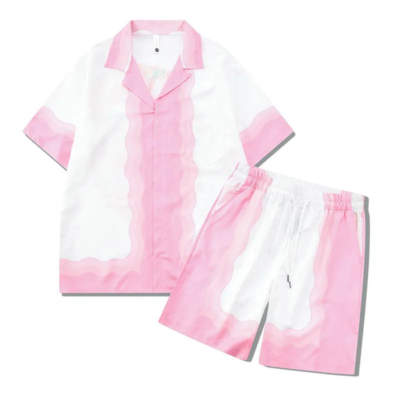Men's plaid beach outfit with short sleeve shirt and matching trousers on hanger