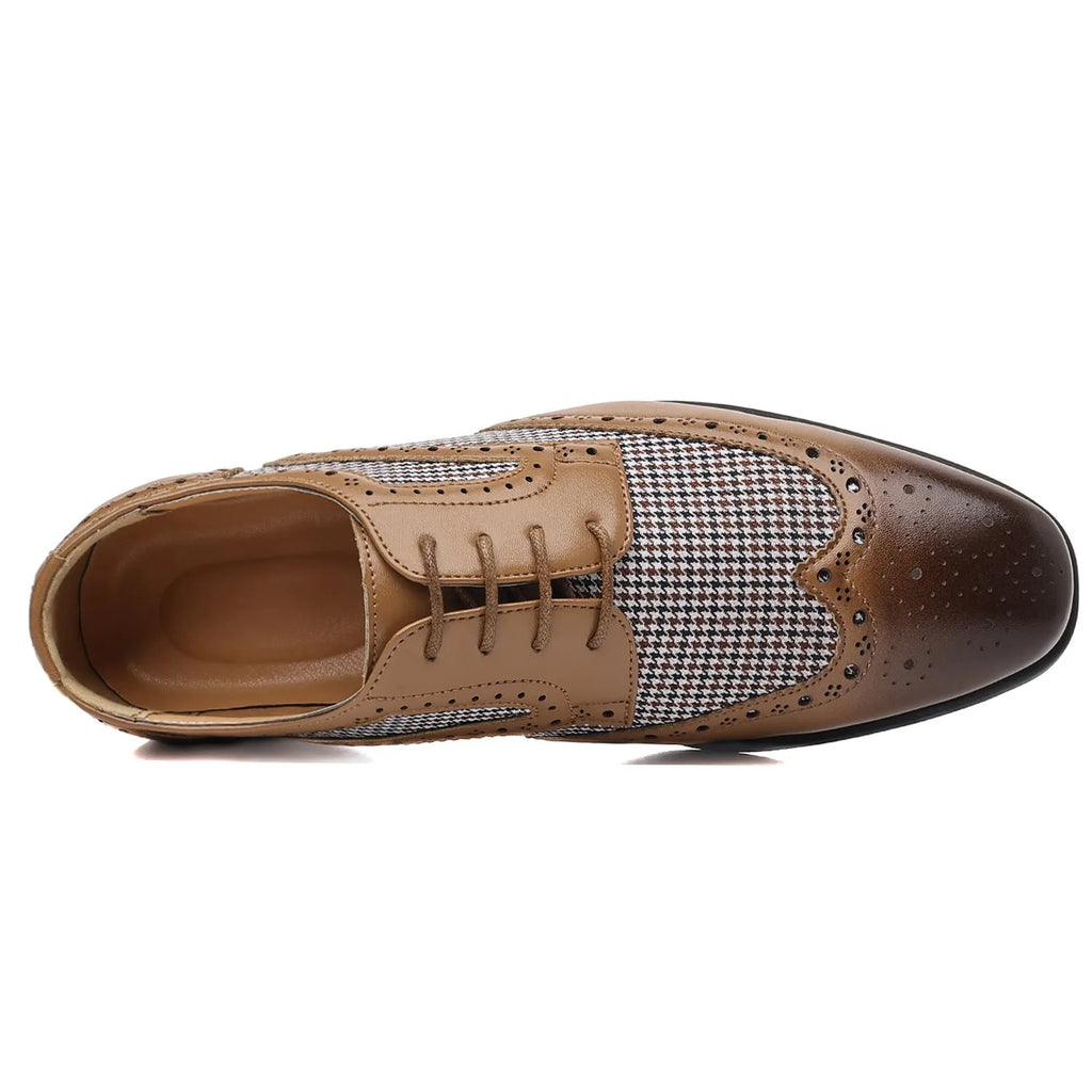 Men's casual plaid shoes in houndstooth pattern with square toe and lace-up front, shown in multiple colours.