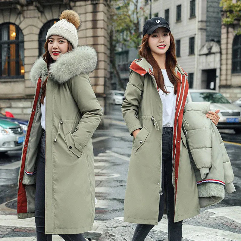 Women's long elegant trench coat in bean green with fleece lining and extended length