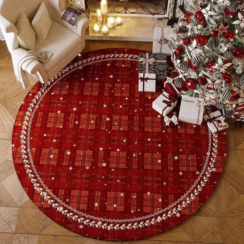 Red round Christmas floor mat with festive patterns on living room floor