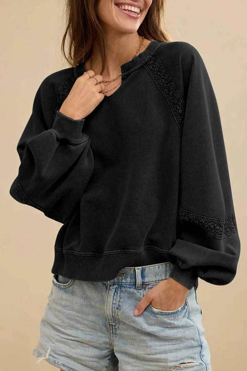 Women's half-open collar long sleeve sweater with stitching lace detailing in solid colour options