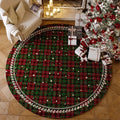 Red round Christmas floor mat with festive patterns on living room floor