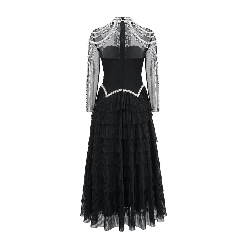 Women's black polyester beaded dress with long sleeves and three-dimensional decoration
