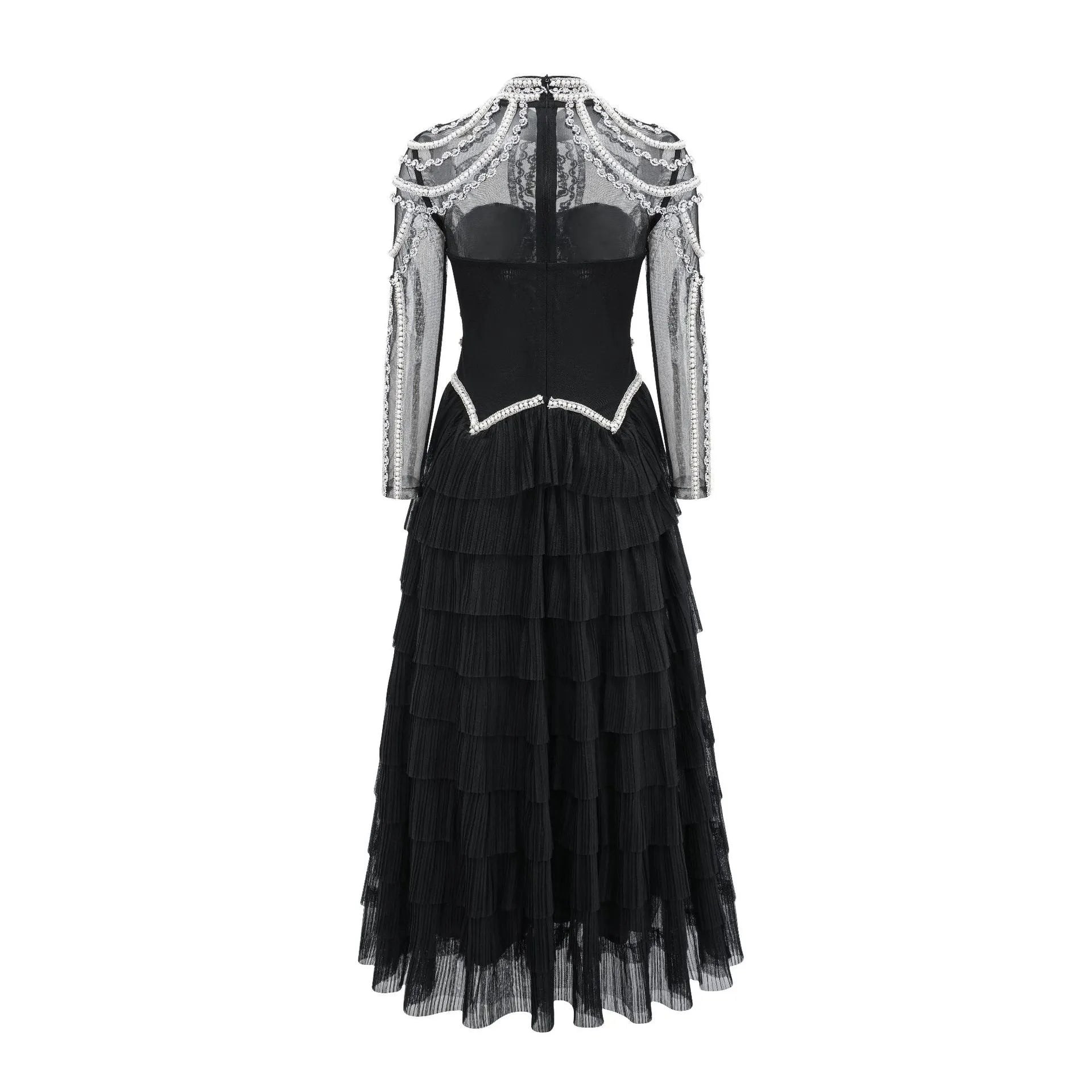 Women's black polyester beaded dress with long sleeves and three-dimensional decoration