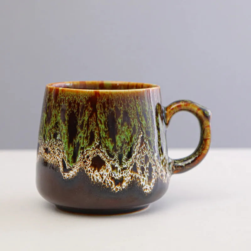 Large ceramic coffee mug in a mild luxury retro style, showing 8.5cm height and 8cm diameter.