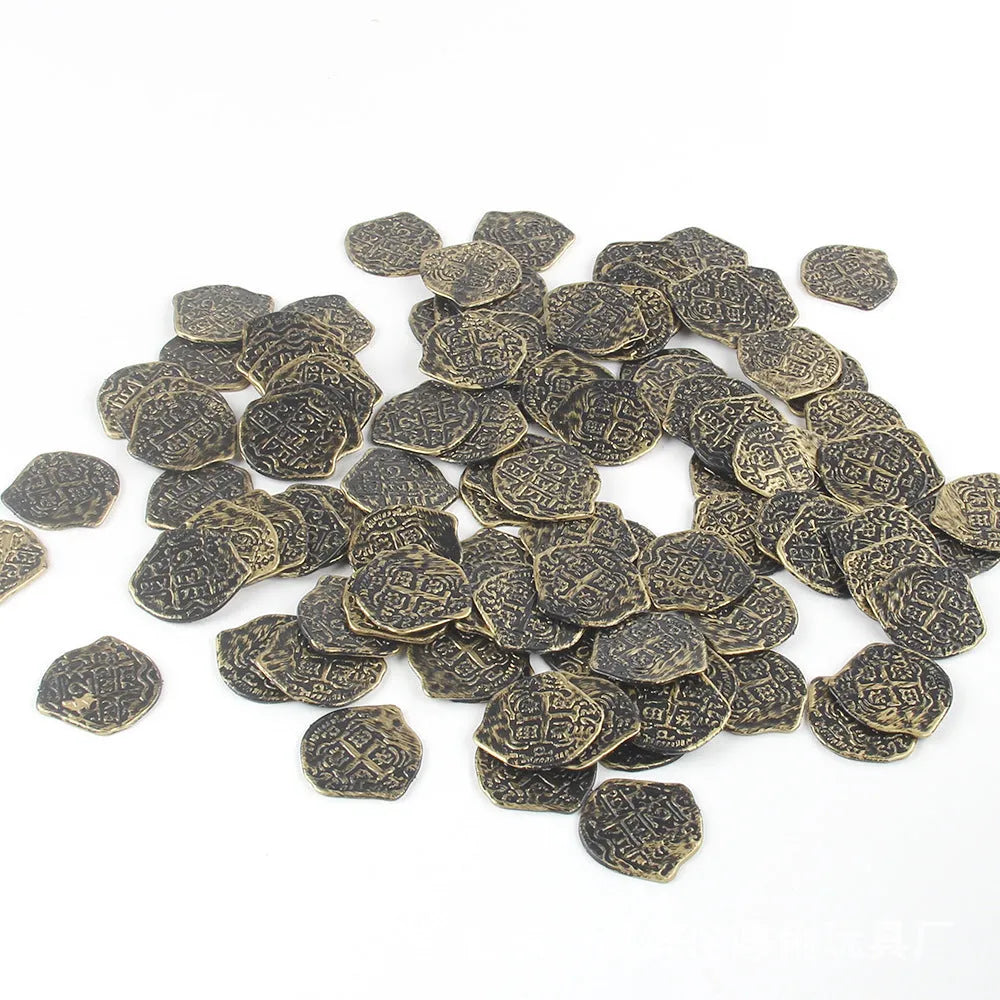 Set of 100 plastic replica Roman coins with electroplated gold, silver, or bronze finish.