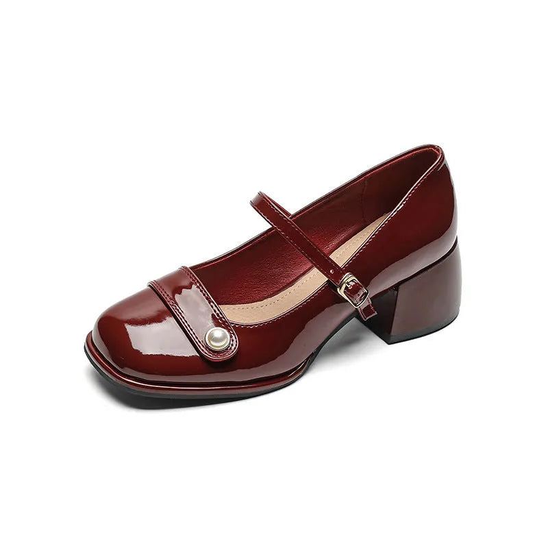 French style women's patent leather ankle boots with chunky block heel and buckle closure