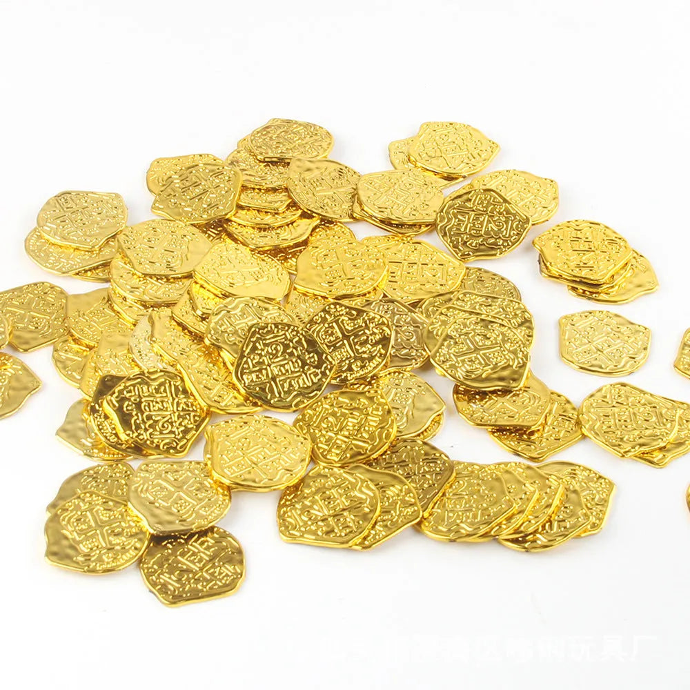Set of 100 plastic replica Roman coins with electroplated gold, silver, or bronze finish.