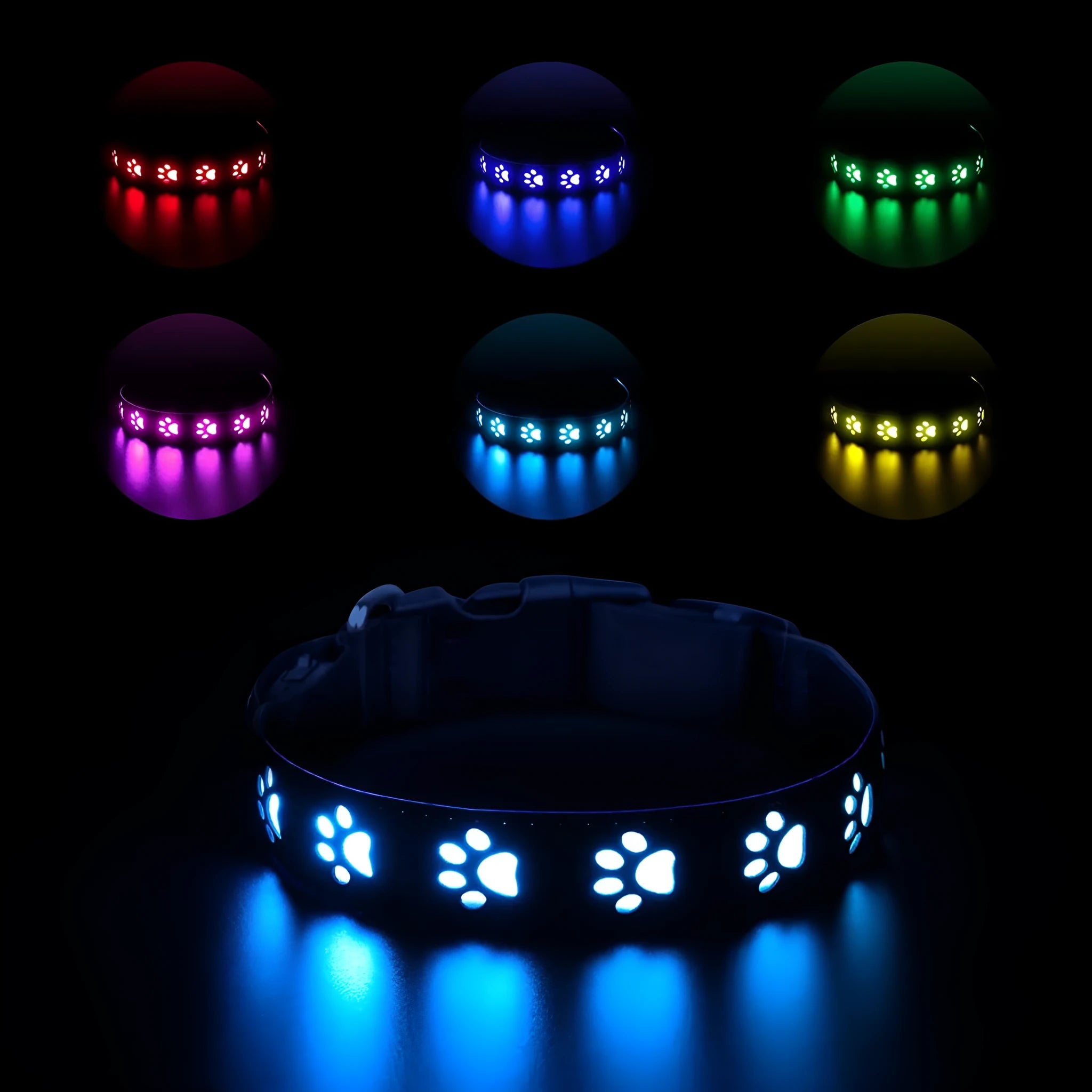 LED luminous dog collar with paw print design showing seven colour illumination on black polyester